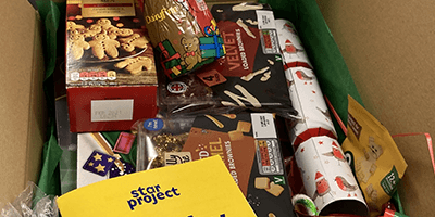 A Christmas themed food parcel